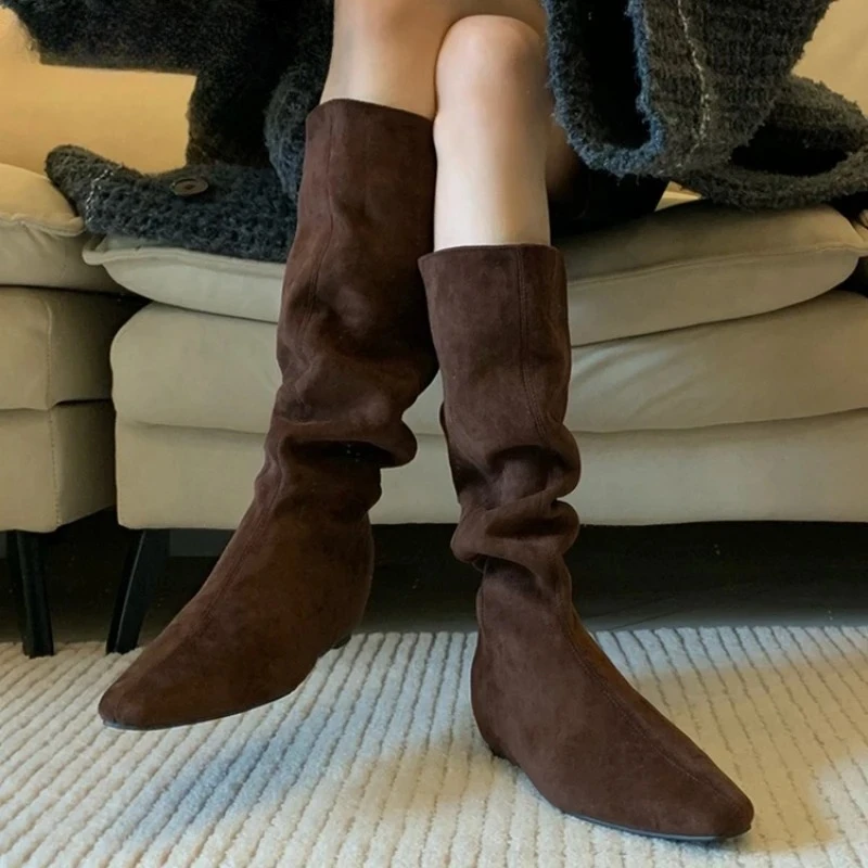 

Винтажные эластичные тонкие женские сапоги до колена, модные туфли с квадратным носком и внутренней высотой, осенне-зимние современные длинные боты