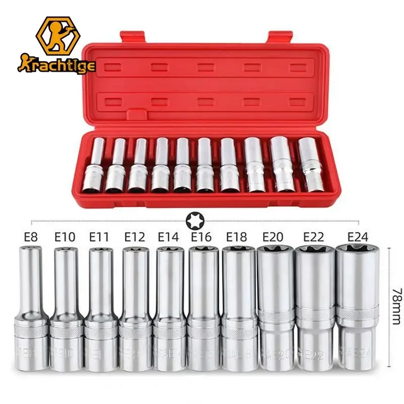 Krachtige 10-częściowy zestaw rozszerzonych nasadek Torx w kształcie litery E8-E24 Sześciokątny zestaw nasadek Torx Torx 1/2''