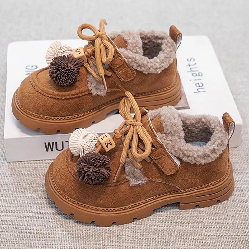 Faux Fur Winter Boots For Girls Vintage Children's Plush Boots Low Heel Elegant Lady Kid's Snow Boots Cotton Shoes For Girls