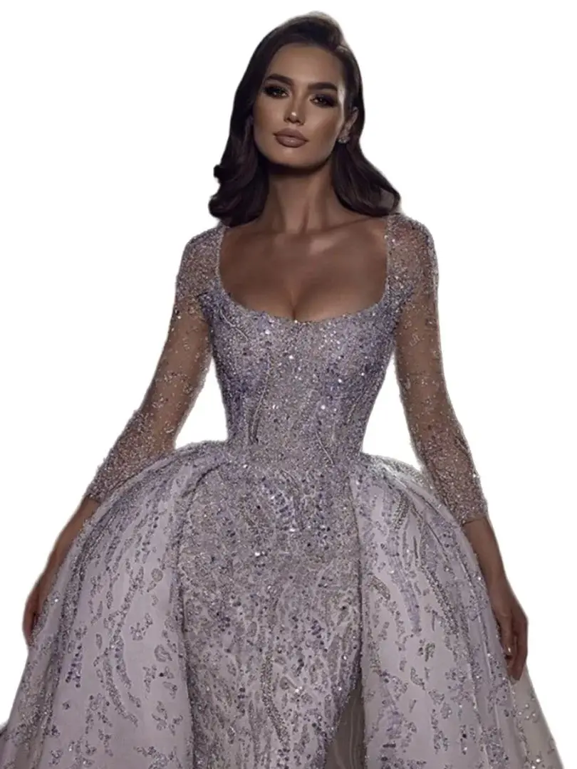 Detachable Train Ball Gown Wedding Dresses With Long Sleeves Beaded Embroidery Luxury Bride Dress Sparkle Sequins Bridal Gown