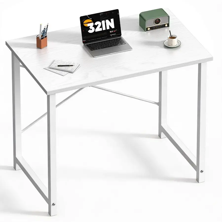 Computer Desk, Small Office 32 Inch Writing Work Study Student Teacher Home Bedroom Table with Metal Frame Wood Tabletop White