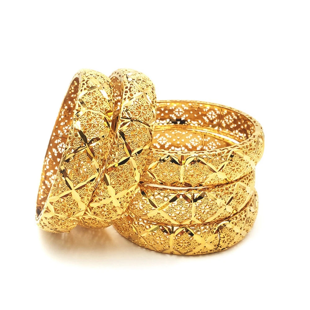 4Pieces Wholesale Women Dubai Hollow Bangle 18k Yellow Gold Filled Classic Filigree Bracelet Pretty Women Jewelry Gift Dia 60mm