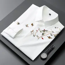 Polo bordado chinês masculino, manga longa, camisa casual de negócios justa, versátil, premium, primavera e outono, novo, 2023