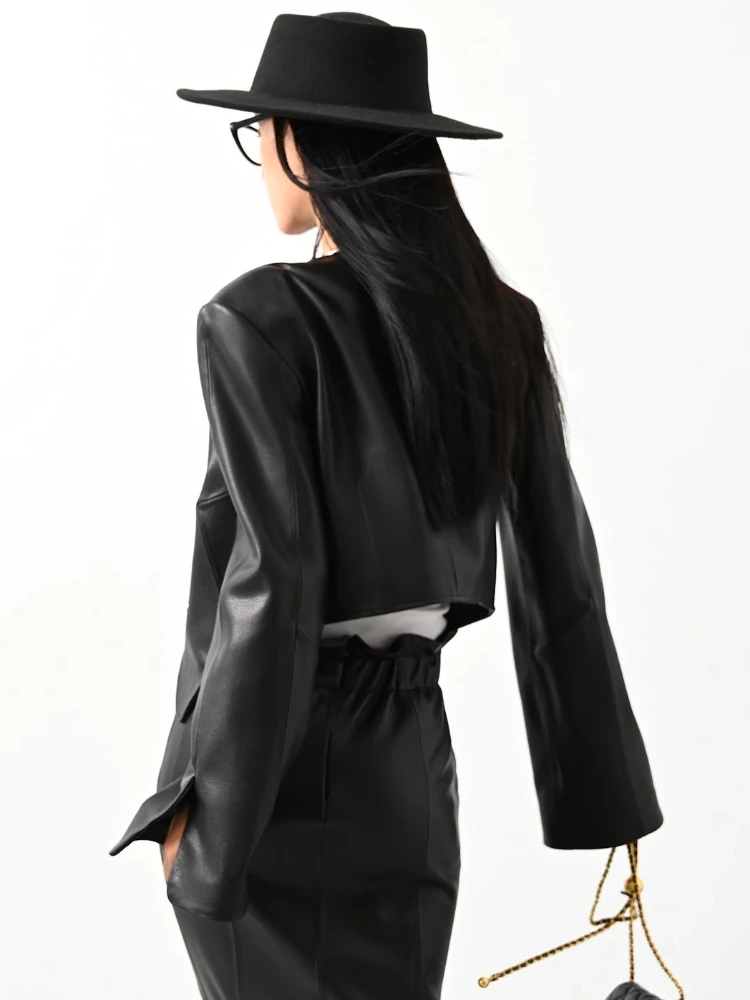 Elegant Slim Genuine Leather Cropped Jackets Women Spring Autumn High-end Simple Double Breasted Soft Black Real Sheepskin Coat