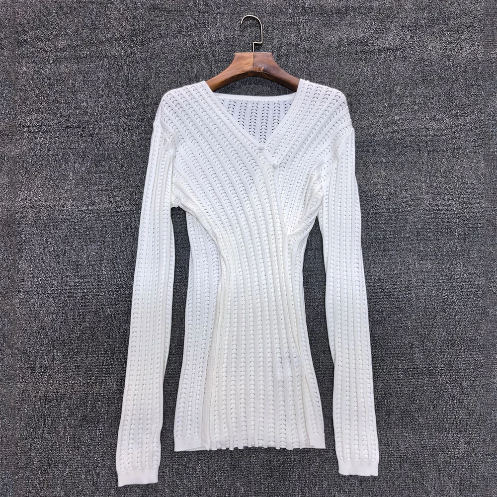 Women 100% Cotton Knit Long Sleeve Top V‑Neck Wrap Cross Hollow Out Ribbed Slim Fit Knitwear Elegant Casual Lady Blouse T‑Shirt