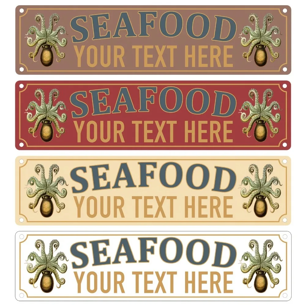 Custom Seafood Market Aluminum Sign 40x10cm, Personalized Store Info Beach Restaurant Wall Decor, For Decoration Only