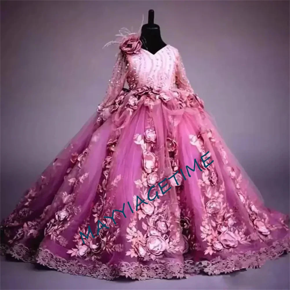 Long Sleeves 3D Floral Lace Ball Gown Flower Girl Dresses For Wedding Toddler First Communion Kids Birthday