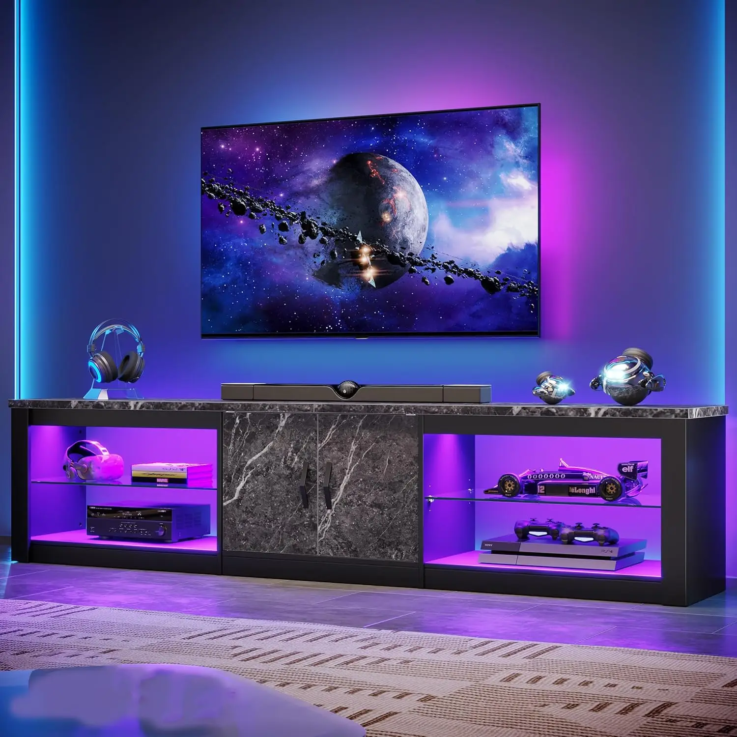 80 Inch TV Stand for 75/85/86 inch TVs, LED Gaming Entertainment Center for PS5 with Storage Cabinet &Adjustable, Customized