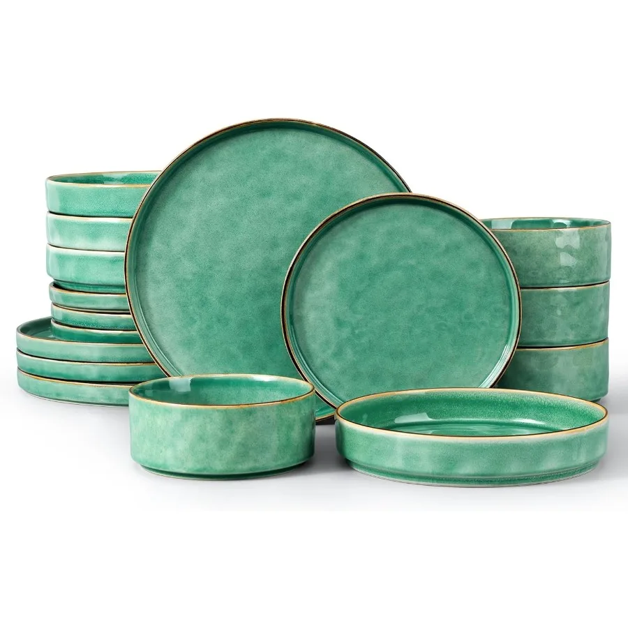 

16 Piece Dinnerware Sets with Double Bowls Plates and Bowls Dish Set for 4 Ceramic Dinner Ware Dishware for Kitchen Dining Micr