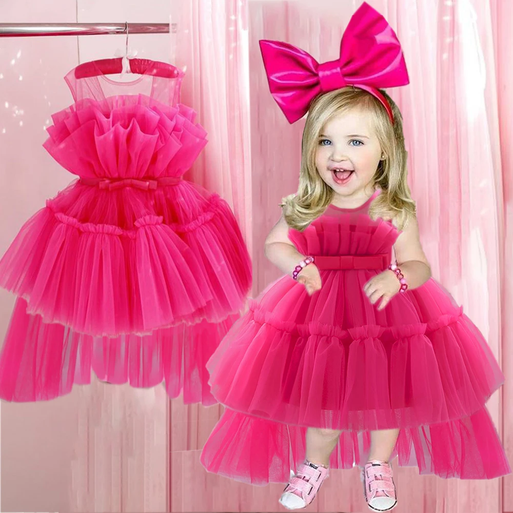 Fluffy Bow Baby Trailing Girl Dresses Tulle Wedding 1st Birthday Party Vestidos Kids Evening Gown Pink Princess Dress for Girls