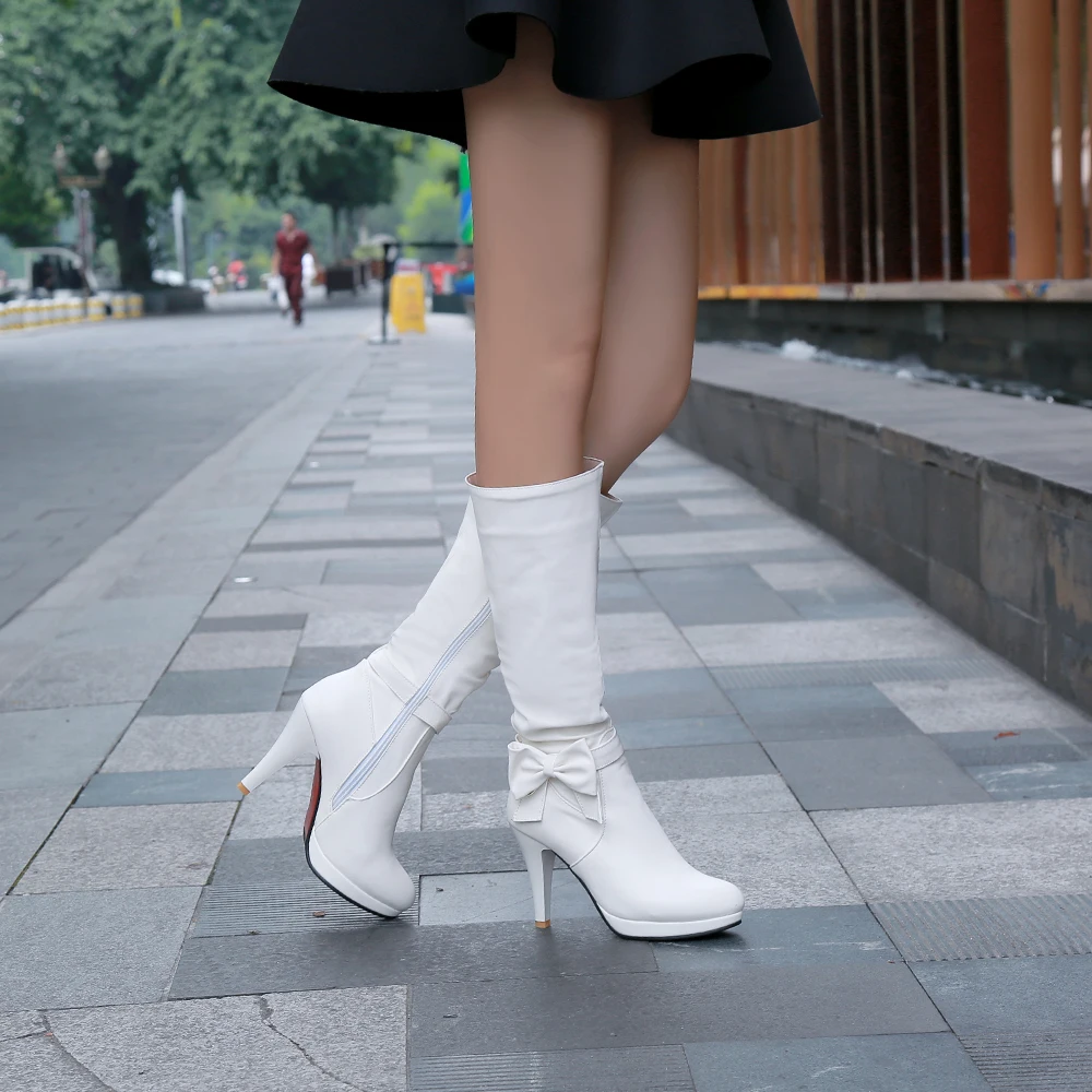 Women platform Boots Spike Heels Round Toe Knee Boots Woman Shoes Female Boots Black White Pink Blue femmes chaussures 32 41 42