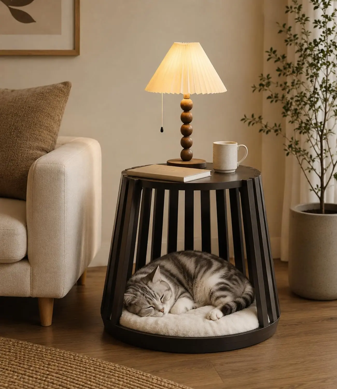 Cat Beds for Indoor Cats, Modern Wooden Cat Bedside Table with Soft Cushion Cave, Multifunctional C at House End Table Furniture