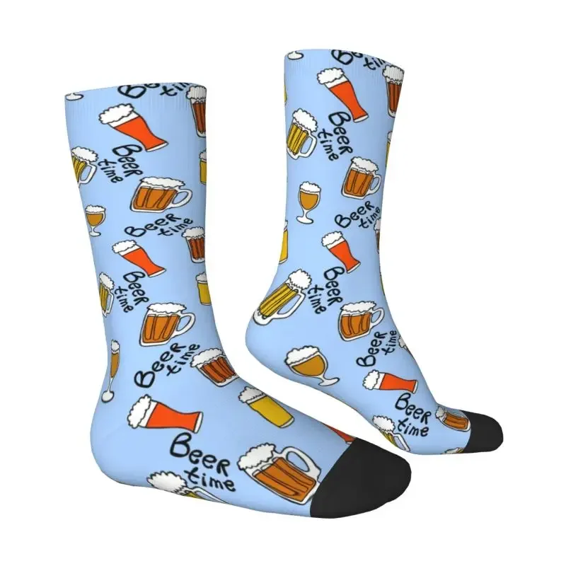 Fun Printed Beer Time Socks for Men Women Stretch Summer Autumn Winter Crew 