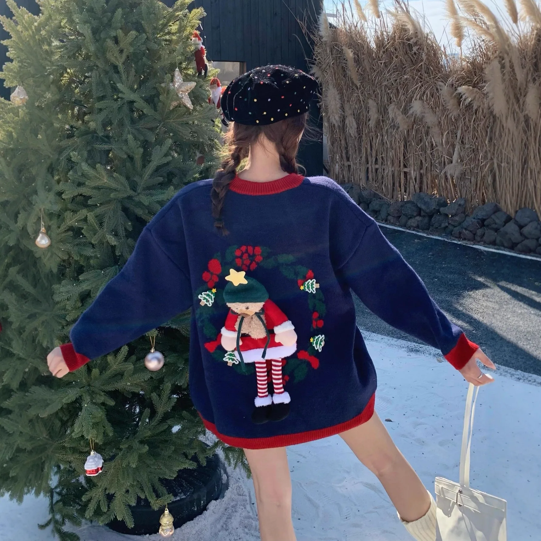 2025 الخريف الشتاء النسخة الكورية فضفاضة عيد الميلاد الدب بروش أنيق الرجعية جو البلوز سترة المتضخم سترة #2