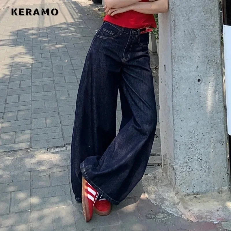 Women's Y2K Solid Color Denim Trouser Washed Vintage Casual Classic Emo Pants Female Grunge High Waist High Street Retro Jeans