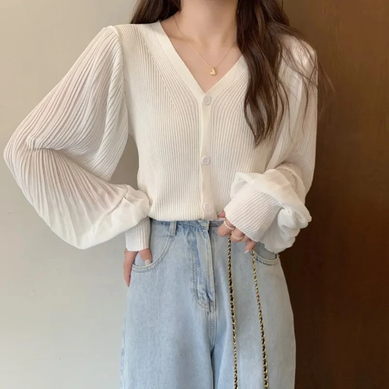

New design sense v-neck chiffon lantern sleeves slim knitted long-sleeved cardigan top