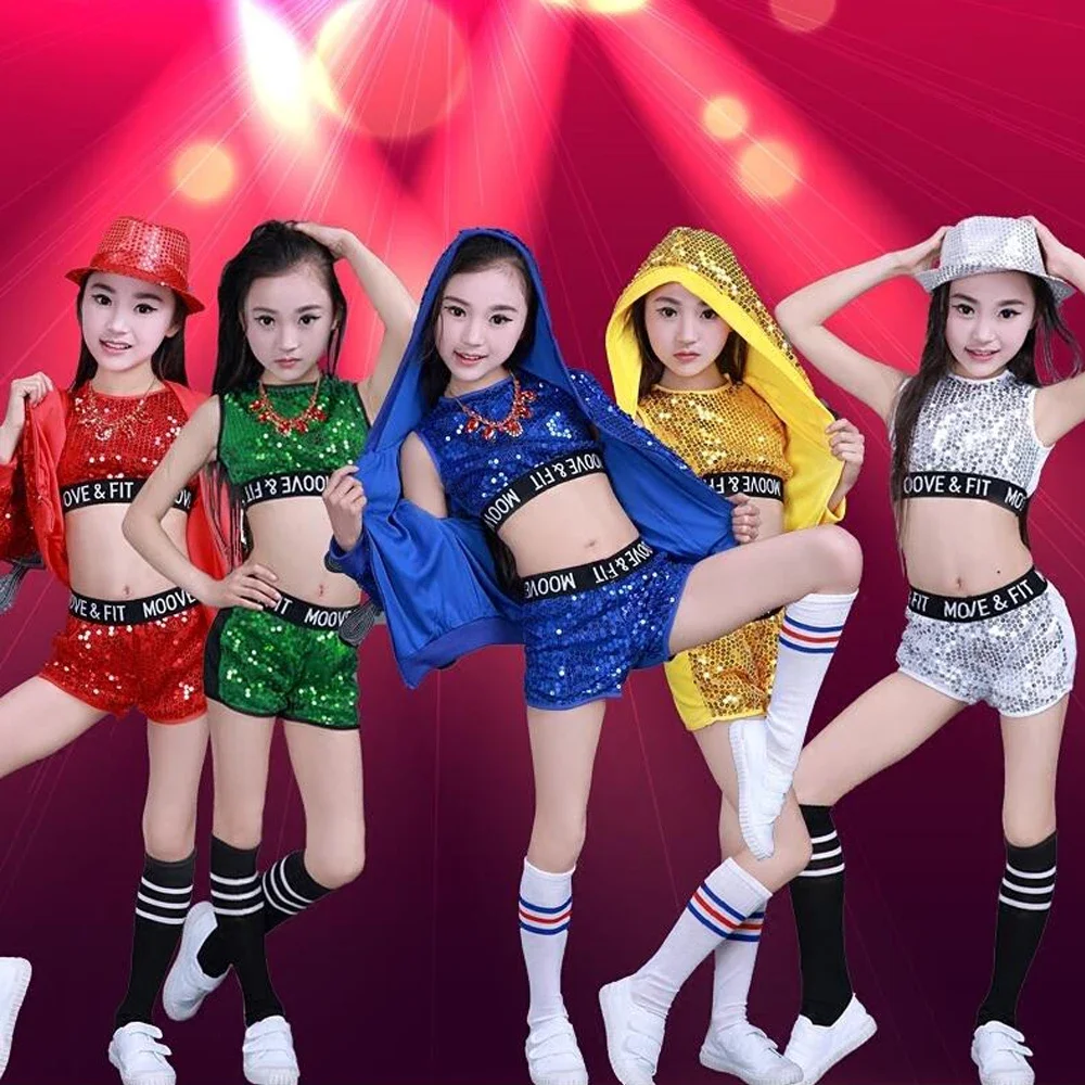 Show Clothes Modern Child hip hop Stage wear Outfits 3 pieces Children Jazz Dance Costumes Girls Street Dance Sequined Party