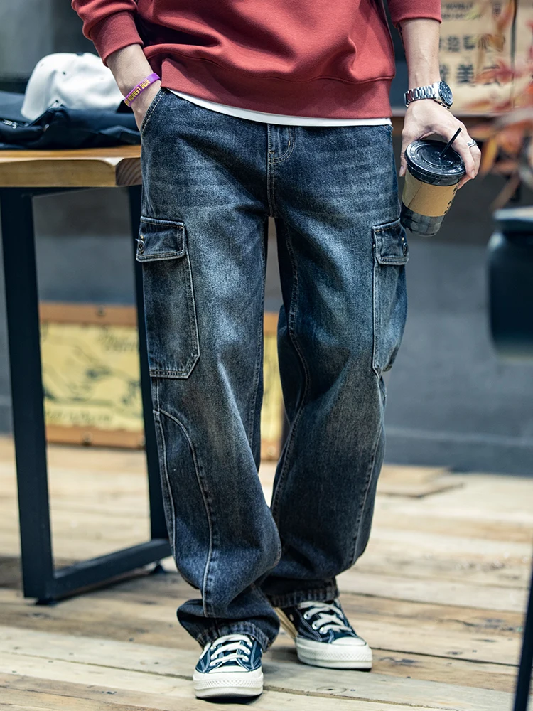 Retro Workwear Men's Jeans Loose Straight Leg Multi-Pocket Long Trousers Trendy Casual Cotton Polyester Blend Jeans