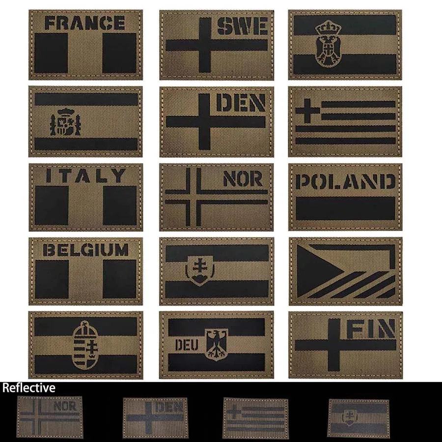 Khaki National Flag Emblem Infrared IR Reflective Patch,Spain France Slovakia Military Stickers Tactical Badge Clothes Applique
