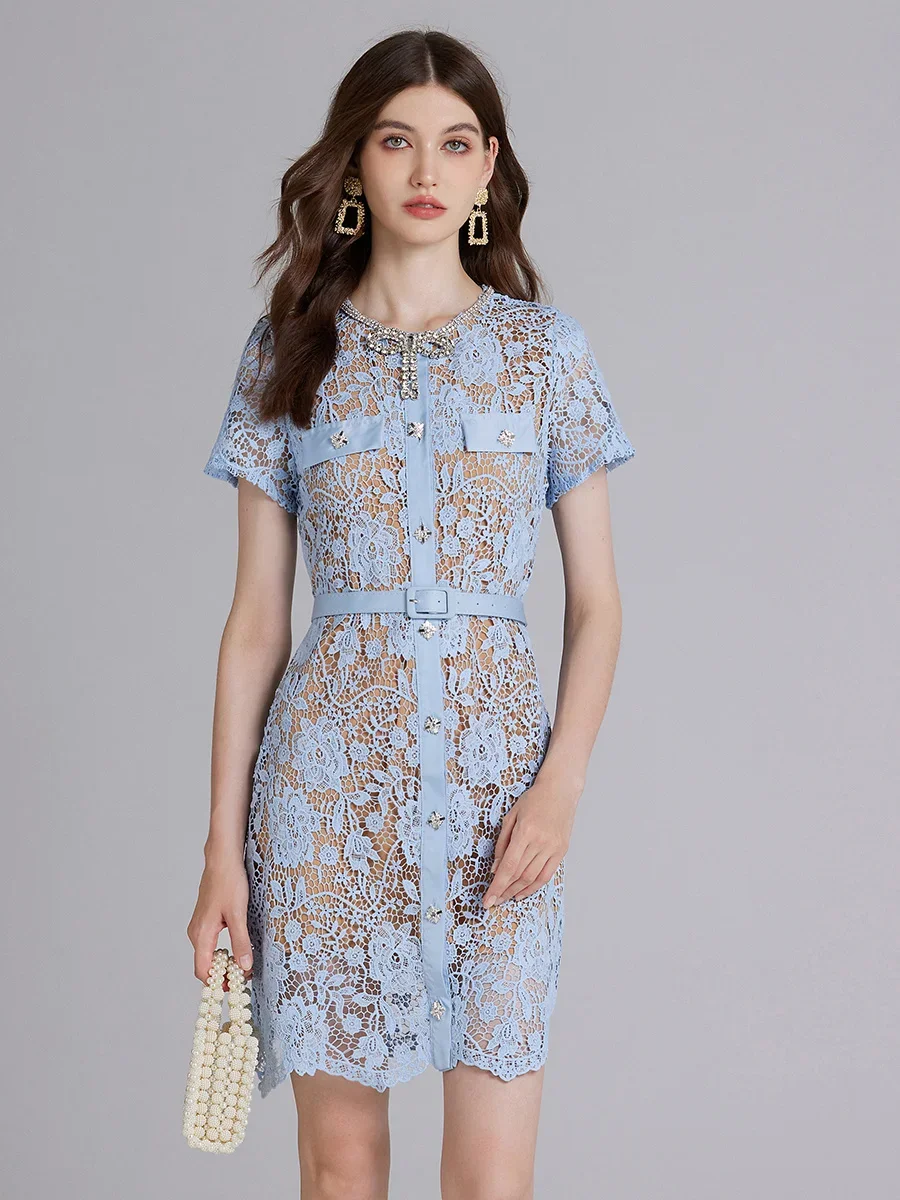 Runway Water Soluble Lace Blue Party Dress Women's Luxury Hollow Out Diamonds Bowknot Buttons Evening Prom Mini Dress With Belts