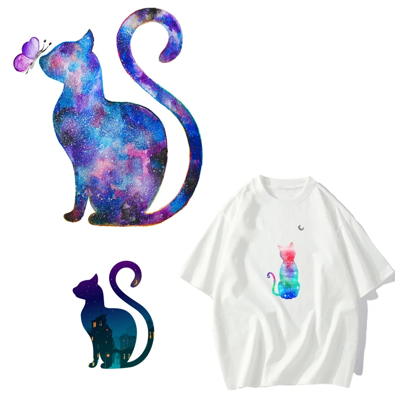 

Trendy Starry Sky Cat Animals DTF Thermo Sticker Decals Heat Transfer Clothes Clothing Crafts Ironing Diy Accessory Wholesale