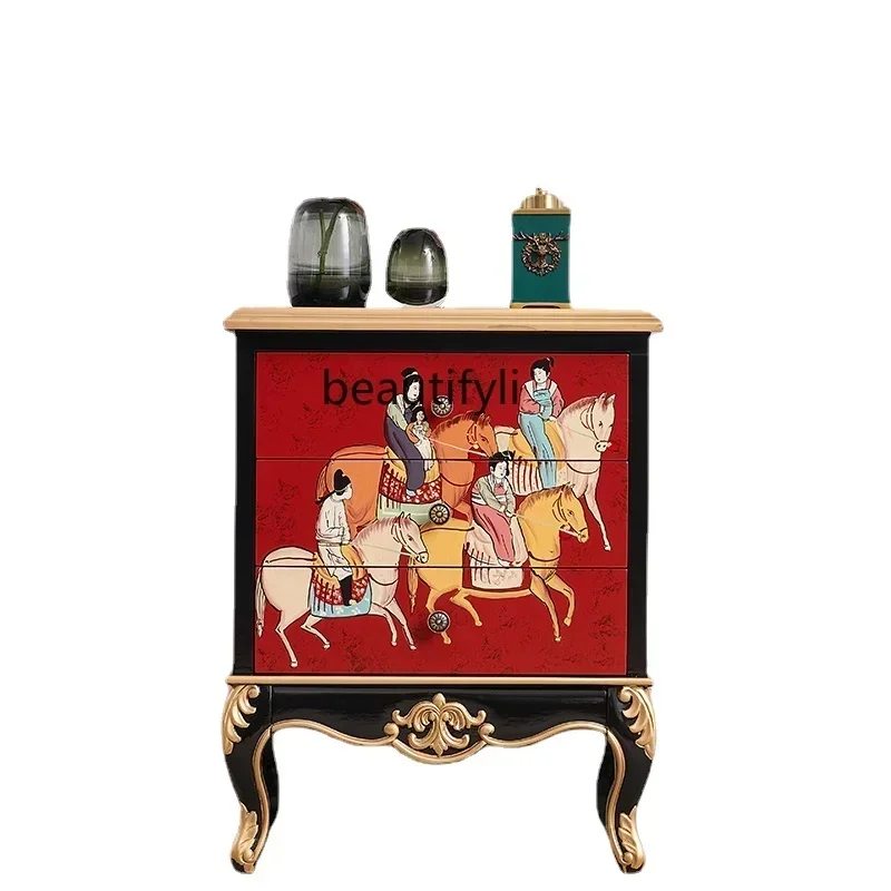 

New Chinese Bedroom Painted Solid Wood Three Buckets Bedside Locker Sofa Storage Side Table Corner Table furniture