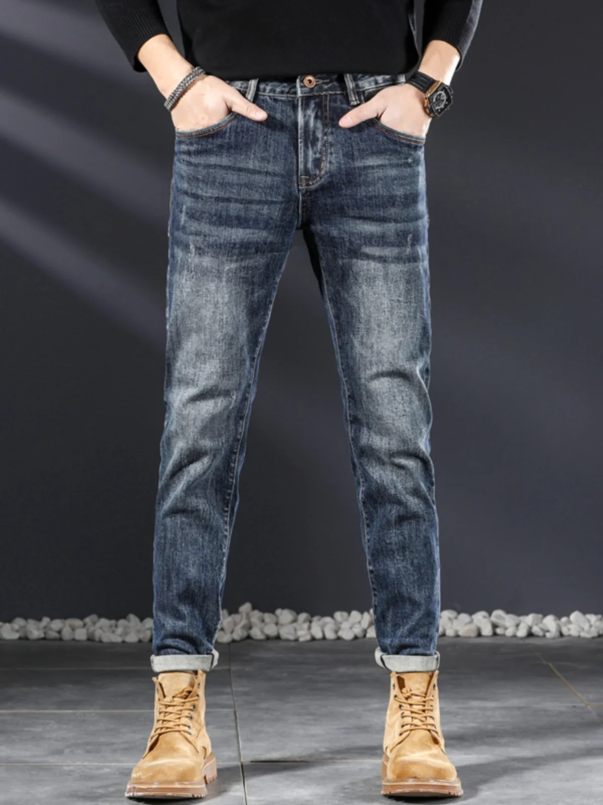 Retro Men's Jeans Elastic Wear-Resistant Straight Leg Casual Versatile Long Trousers Trendy Cotton Stretch Denim mid Waist Zi...