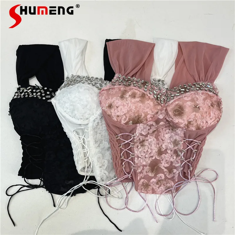 

Women's Sleeveless Vest Hot Girl Backless Sexy Diamond Lace Vests Female 2024 Spring Summer Slim-Fit Thin Chest Pad Vests