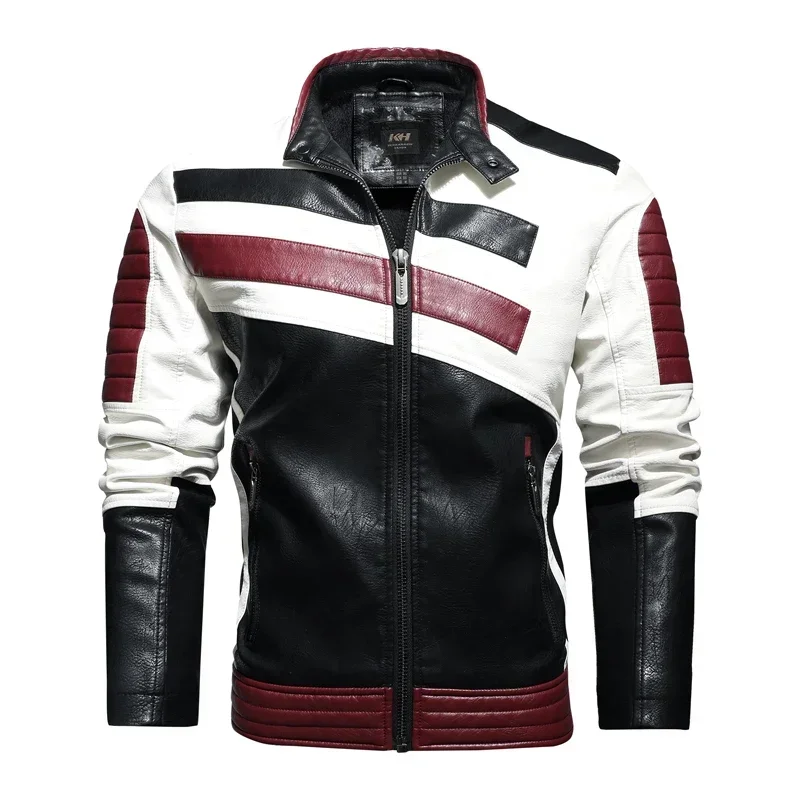 Vintage Motorcycle Jacket Mens Fashion Color Block Patchwork Warm Fleece Racing Biker Leather Jacket Autumn Winter Outwear M-4XL