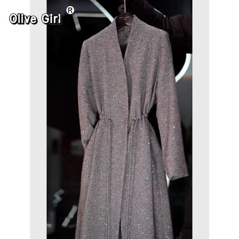 Grey Sequined Waist Cinched Cardigan Jacket Wrap Coat Trench V-neck Elegant High-end Fabric Mid Length Top Women's Clothing