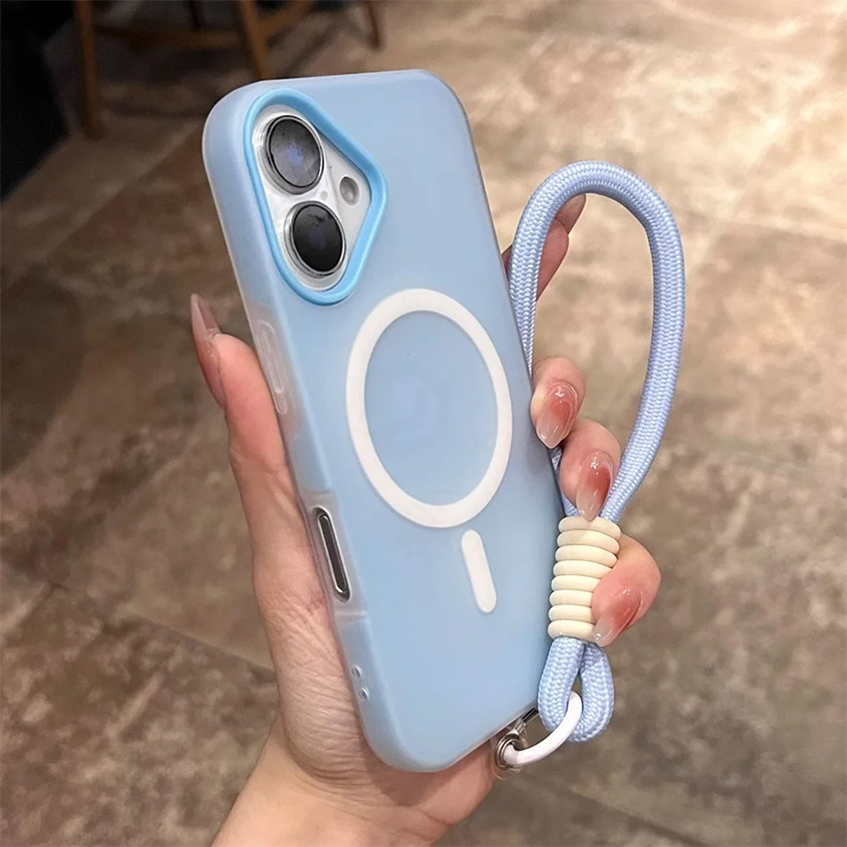 ลูกอมสีหรูหรา 3 IN 1 สําหรับMagsafe LanyardสําหรับiPhone 17 16 15 14 Plus 13 12 Pro Max Magnetic Matte Clear Hybrid Cover