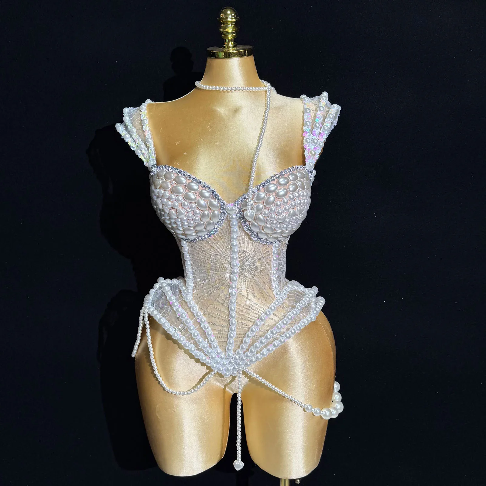 Nouveau GOGO blanc perle spectacle fille scène Sexy femmes discothèque fête anniversaire culture hauts porter chanteur Performance glisser reine Costumes