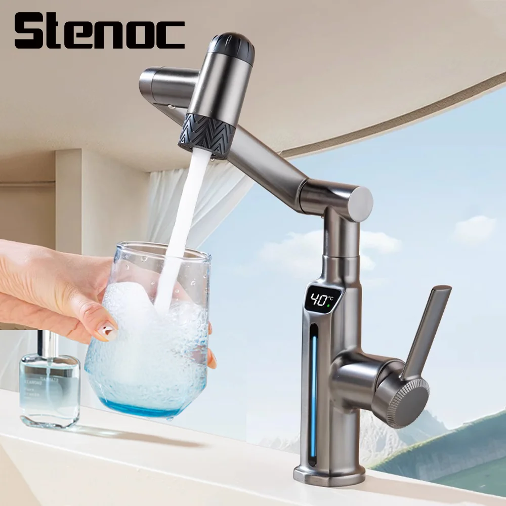 

Stenoc Grey Bathroom Brass Pull-Out Faucet Hot And Cold Temperature Led Digital Display Rotatable 2 Spray Modes Kitchen Faucet