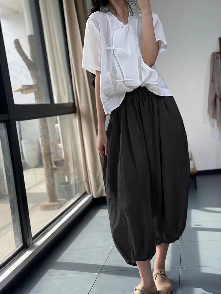 Oversized Summer Chic Casual Women Cotton Ankle Length Harem Pant Korea New Ladies Womens Loose Big Size Pleated Black Trousers