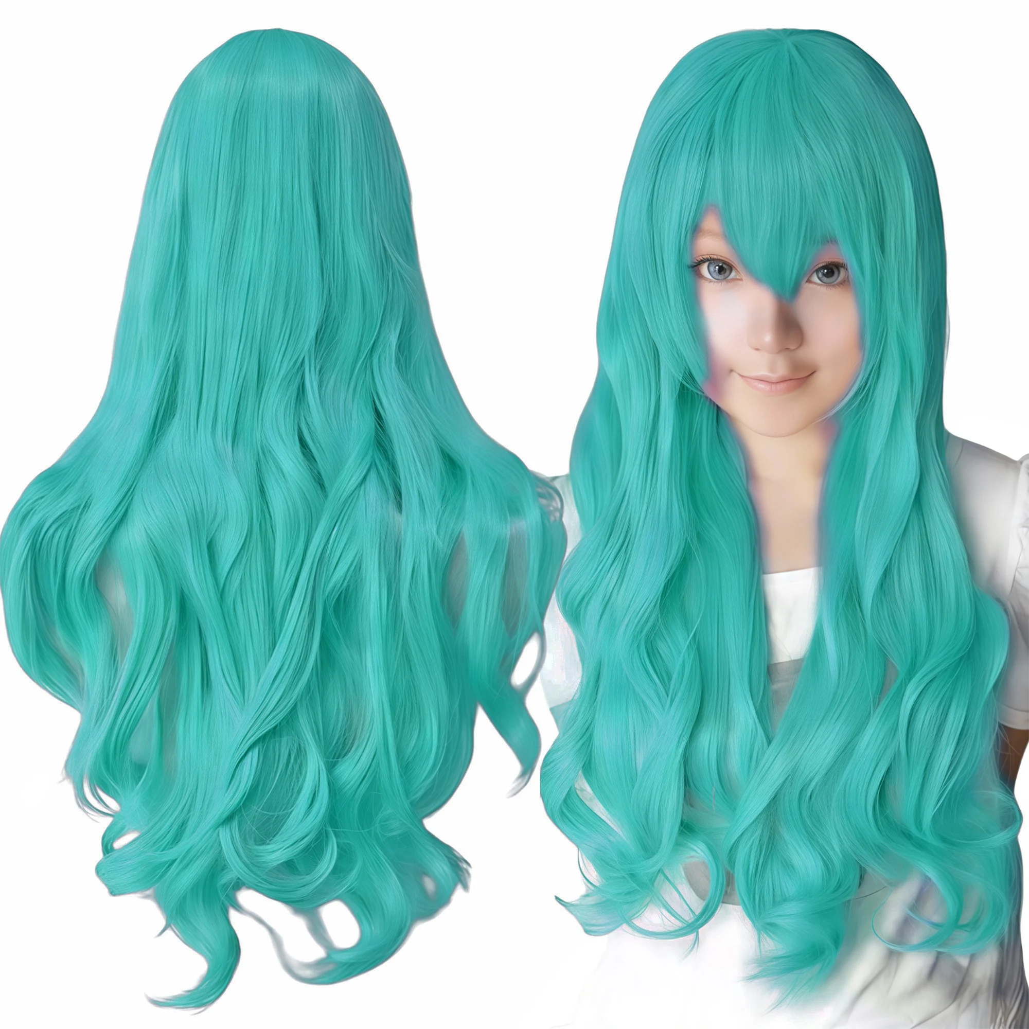 Peluca sintética vibrante color cian para cosplay de Lolita, peluca rizada de Michiru Kaioh, pelucas de anime de Bulma, peluca de disfraz de Sailor Neptune para Halloween para niña