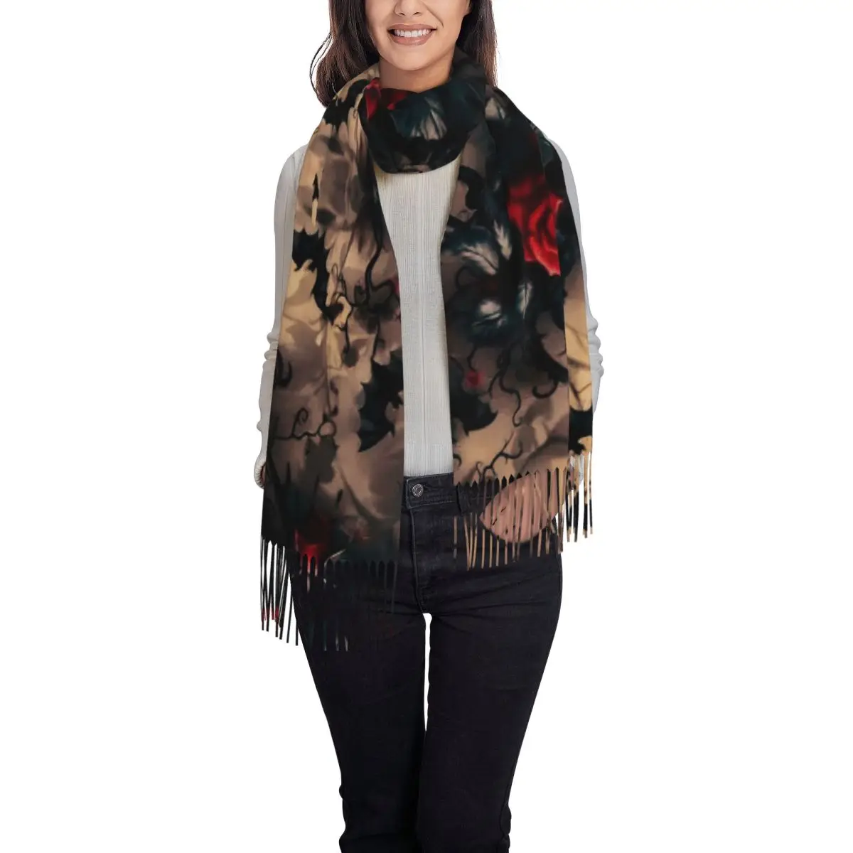 وشاح غني بتصميم وورود جميلة أوشحة شرابة للنساء شالات دافئة ناعمة ويلتف شال طويل للخريف والشتاء