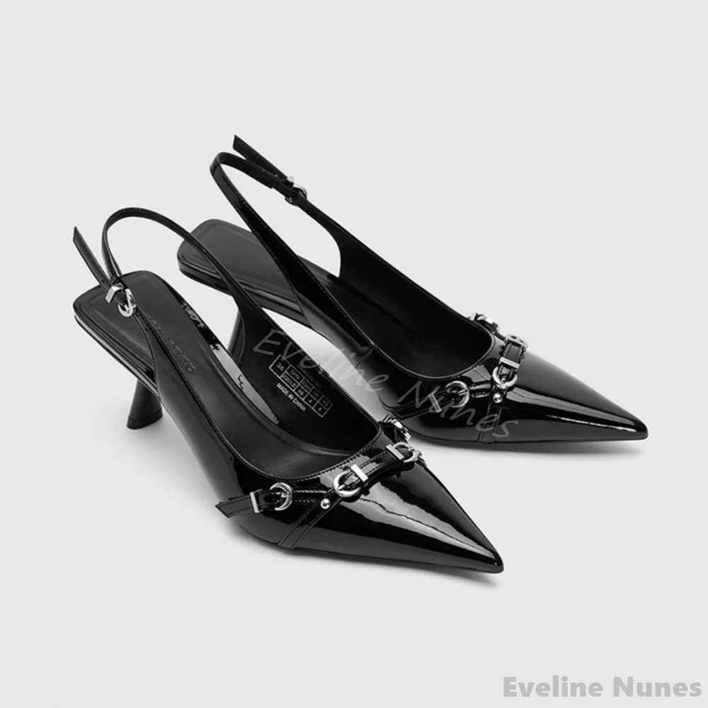 Patent Leather Slanted Stiletto Pumps Women Pointed Toe Hallow Belt Buckle Back Strap Sandals 2025 Spring New Fashion Black Pump