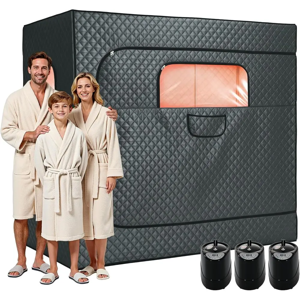 Portable 3-Person Steam Sauna Tent with 3L 1500W Steamer, Large Size for Full Body Home Spa, Remote Control, Folding Chair, Grey