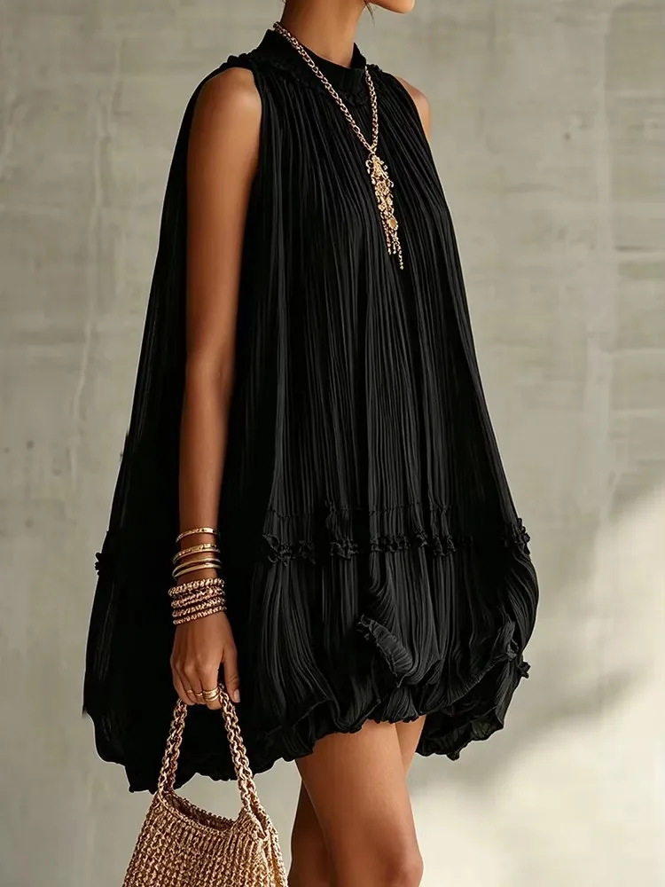 2026 Damen Einfarbiges Rundhals-Prinzessinnenkleid für Partys Frühling/Sommer Sexy Ärmelloses Damenkleid mit Losen Rüschen Streetwear