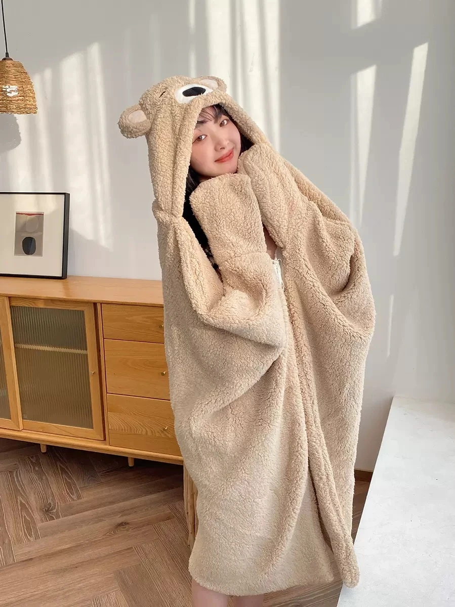 Autumn Winter Warm Thickened Cute Cloak Blanket Hooded Shawl Female Cartoon Lazy Man Blanket Bedroom Nap Children Blanket