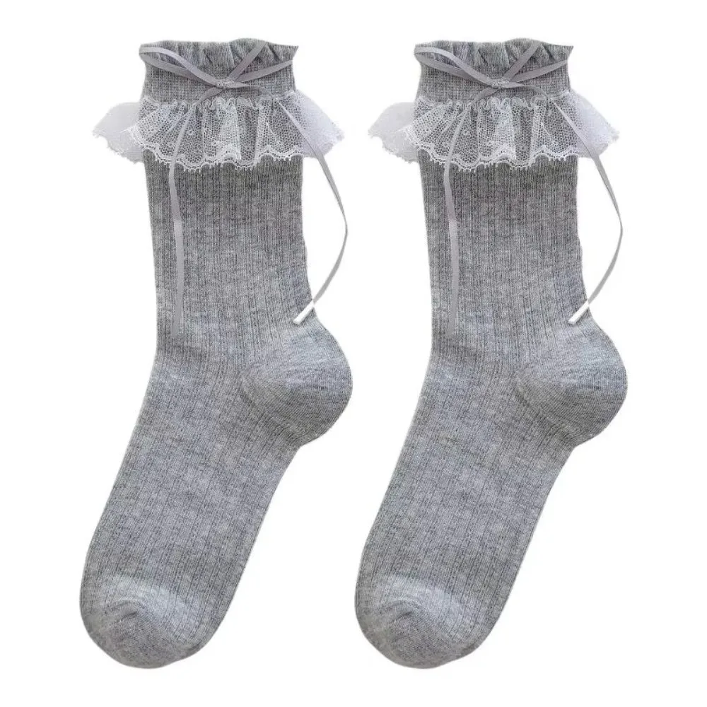 Comfortable Ribbon Bow Lace Ruffle Socks Lace Trim Thin Breathable Mid-Calf Socks Bow Ruffle Socks Girls