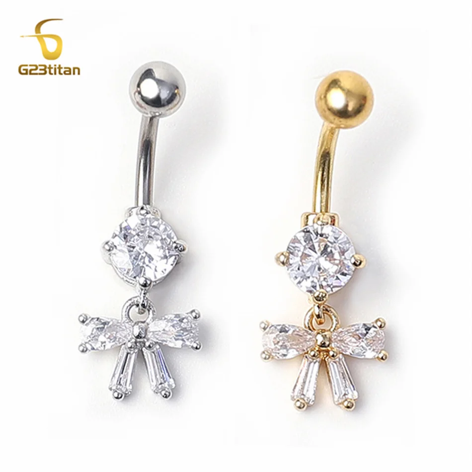 G23titan Zircon Butterfly Bow Knot Dangle Belly Button Ring Titanium or Steel Navel Piercing 14G Banana Barbell Body Jewelry