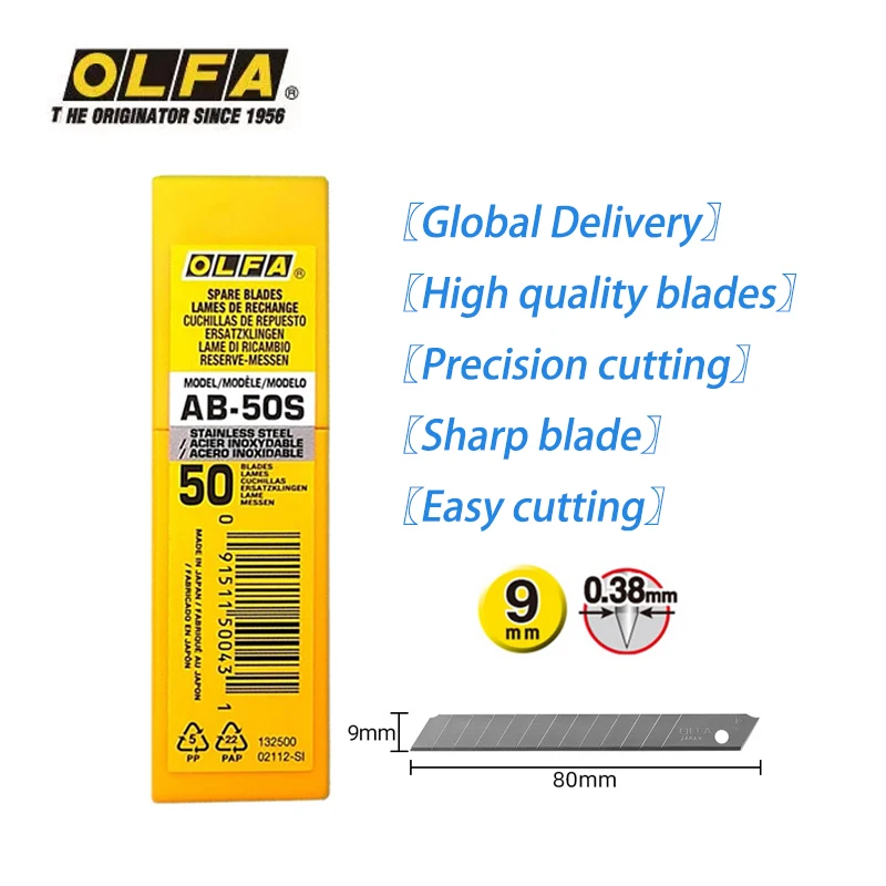 

50 blades Japanese OLFA AB-50S non-damaging glass stainless steel 9mm small art blade car foil professional blade sharp and durable Used for: cutting paper wallpaper foil wallpaper stationery work knife