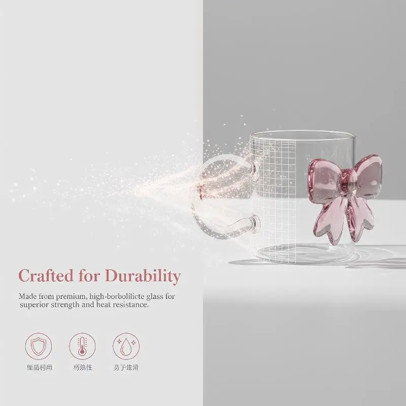 Pink Bow Glass Cup 400ml Large Bow Handle Heat Resistant Borosilicate for Women Office Drinkware