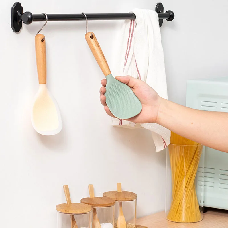 مجداف ملعقة أرز من السيليكون مع مقبض خشبي ملعقة أرز غير لاصقة مقاومة للحرارة ومضادة للحرق وملعقة طبخ الأرز المعلقة #6