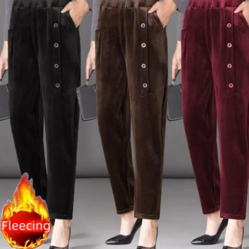 Casual Winter Thin & Thick Fleece Harem Pants Office Lady Solid Elegant Trousers Slim Women\'s Pants Retro Vintage Casual Pants