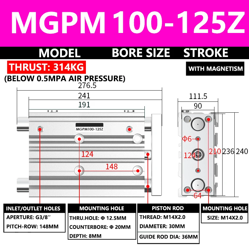 

Пневматический компактный направляющий цилиндр серии ABILKEEN MGPM MGPM100-125Z, диаметр 100 мм, ход X 125 мм, треххосевой трехштоковый воздушный цилиндр