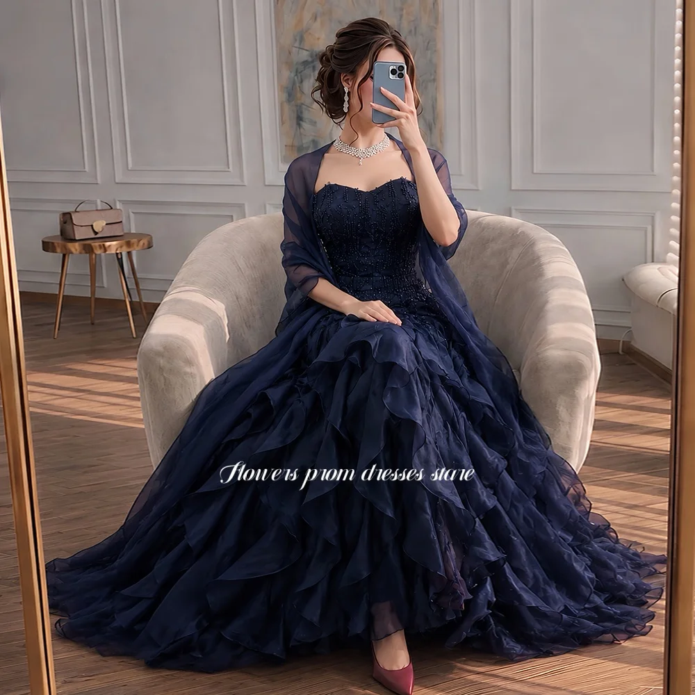Flowers Navy Evening Dress with Lace Applique A Line Prom Dress with Cape Sleeve Princess Dress vestidos de fiesta Customized