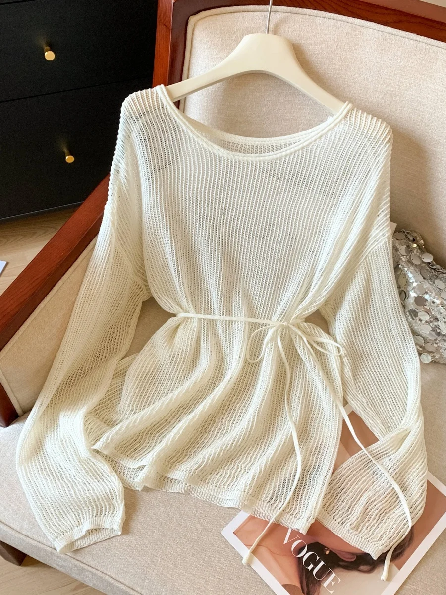 Korean Style Long Sleeve Knitted Cover up Women's Spring Summer Thin Lazy Style Loose Belted Top Polyester Fiber Knitted
