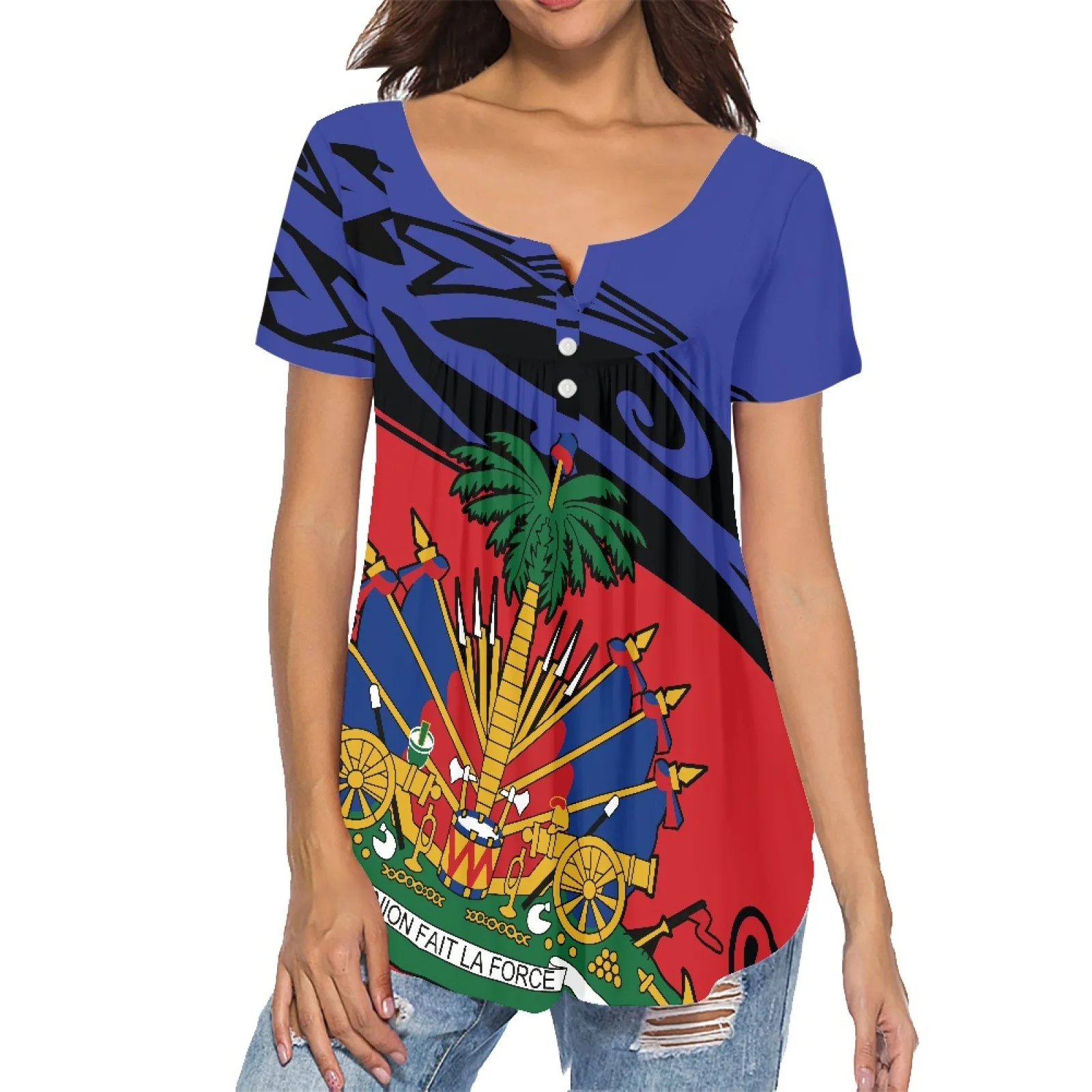 2022 Chiffon Shirt Casual And Comfortable Low Neck Short Sleeved T-shirt Samoan Ethnic Print Tattoo Everyday Summer Women's Top